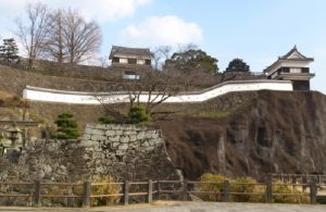丹生島の崖の上に残る臼杵城の櫓と石垣