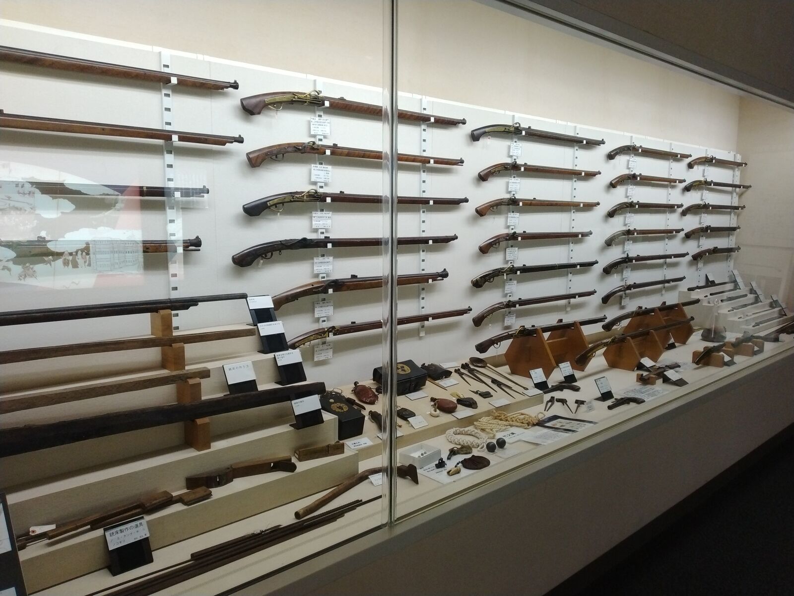 壁一面に並ぶ火縄銃の展示