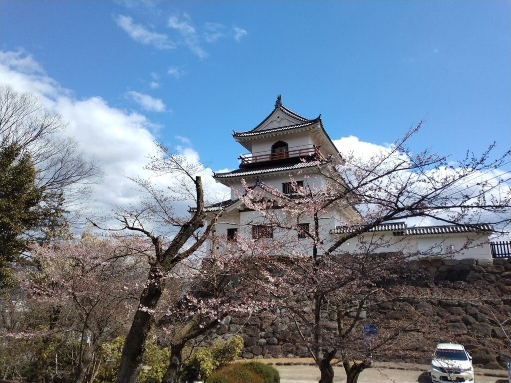 白石城の復元三階櫓と早咲きの桜