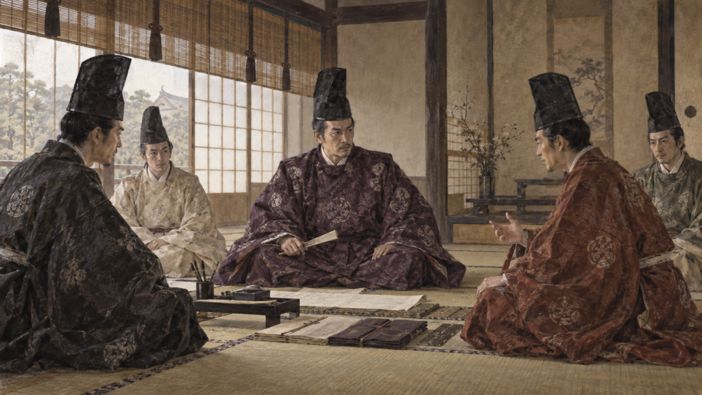 烏帽子と直衣の公家たちが向かい合って議論する（イメージ・イラスト）