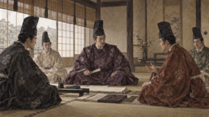 烏帽子と直衣の公家たちが向かい合って議論する（イメージ・イラスト）