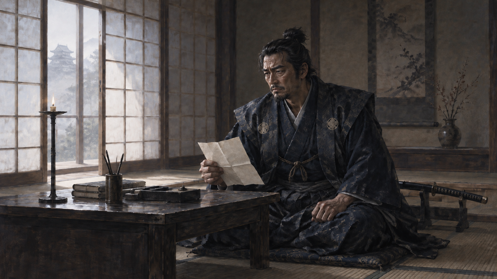 書状を手にしたまま動けずにいる武将(イメージ・イラスト)