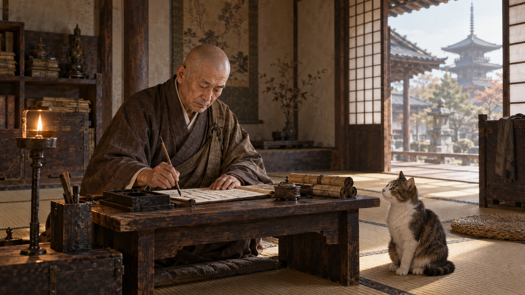 興福寺の僧坊で日記を書く老僧と猫のイメージ（イラスト）