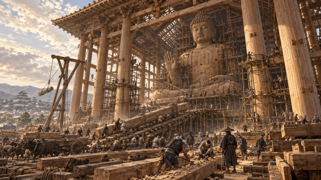 造営中の方広寺大仏殿と大仏のイメージ（イラスト）