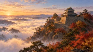 雲海の上に姿を見せる山上の石垣と天守（イメージイラスト）