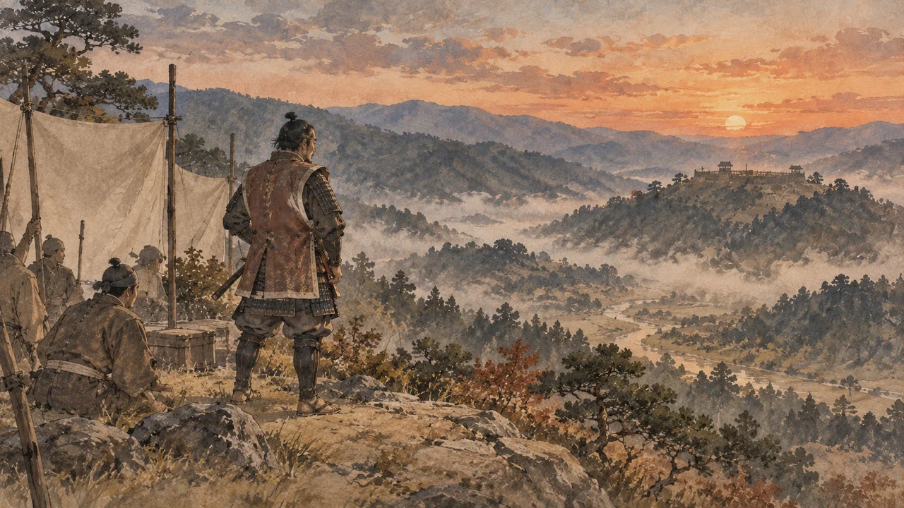 九州の山あいの陣所で遠くの砦を見つめる尾藤知宣のイメージ（イラスト）