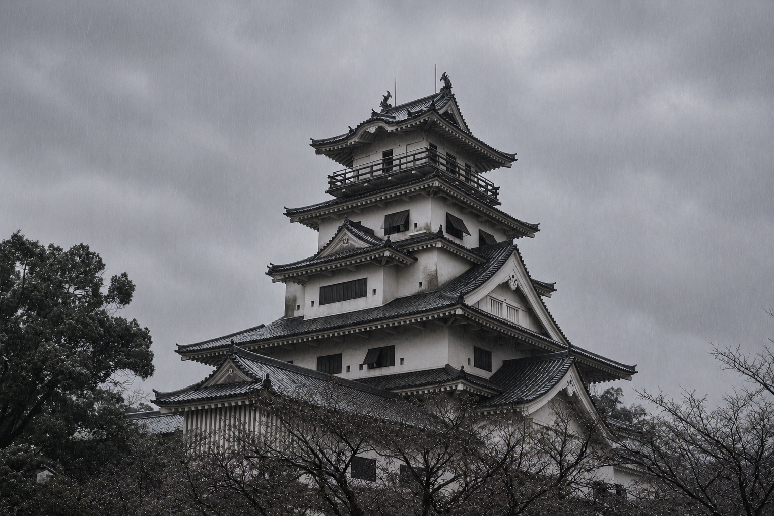 雨の日の今治城天守