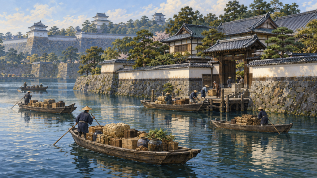 江戸城近くの堀端に建つ医家の屋敷と、荷を運ぶ舟（イメージ・イラスト）