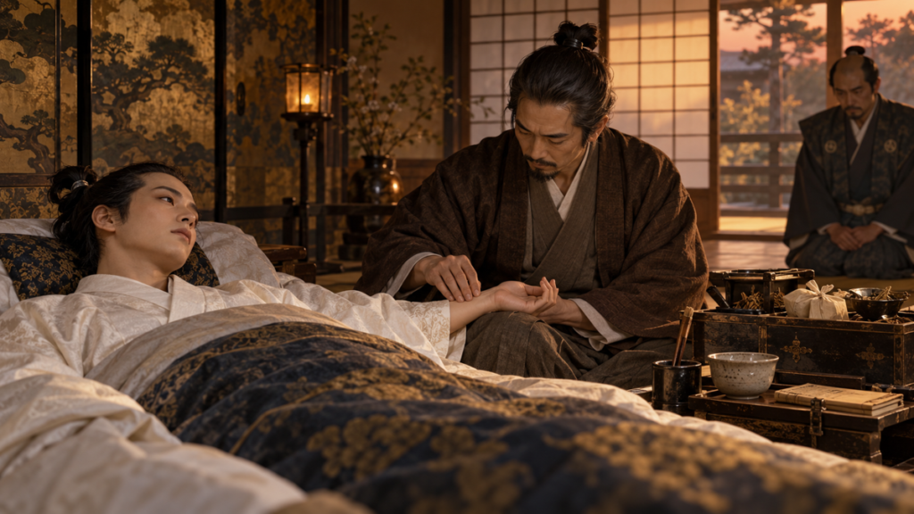 病床の豊臣秀次の脈をとる医師・曲直瀬玄朔（イメージ・イラスト）