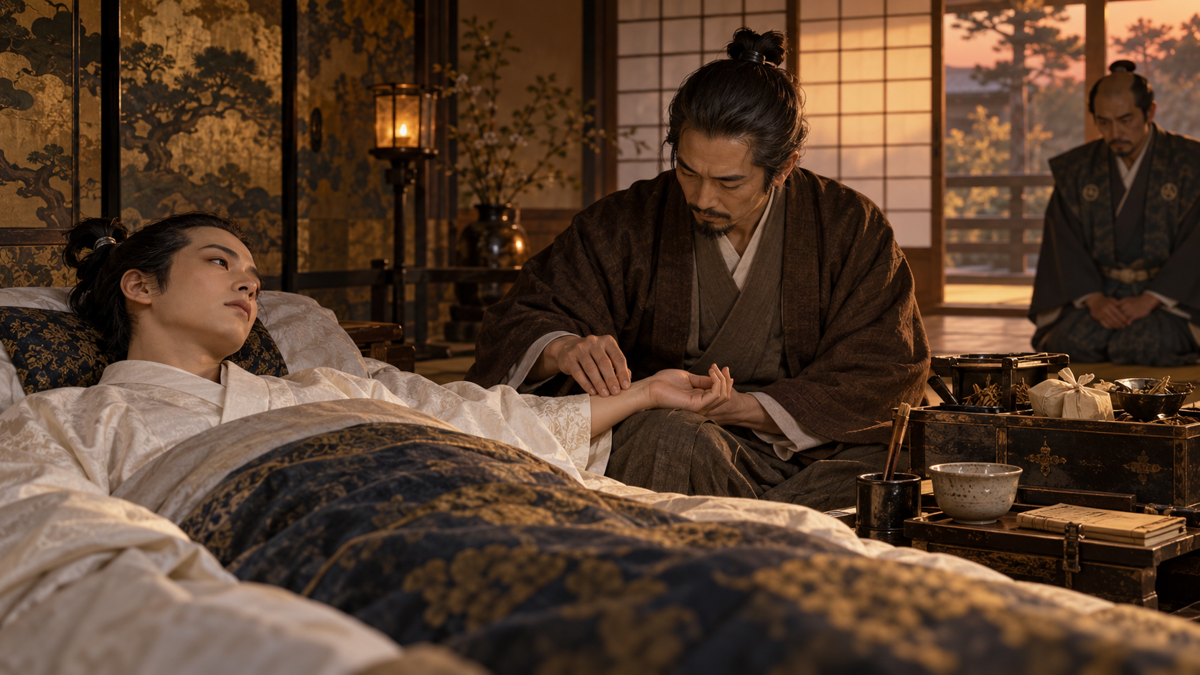 病床の豊臣秀次の脈をとる医師・曲直瀬玄朔(イメージ・イラスト)