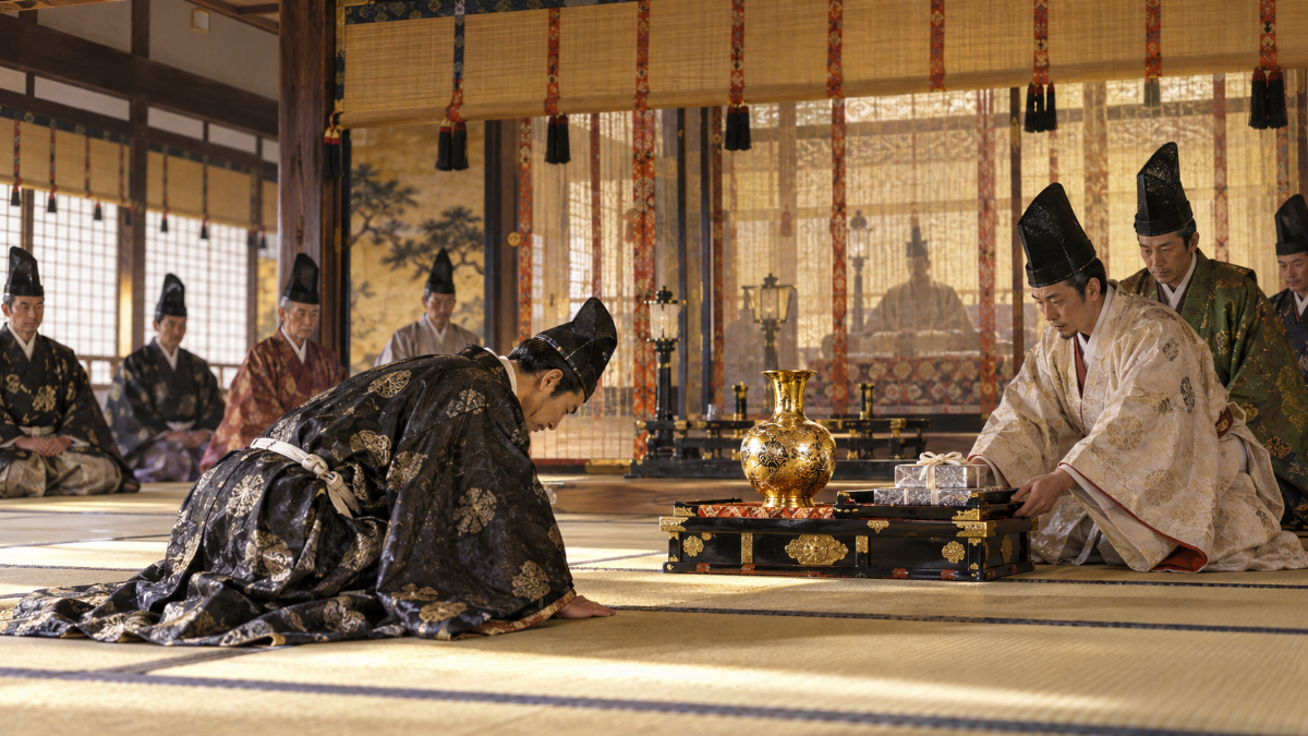 快復した天皇の御所で、黄金の花瓶と白銀の褒美を賜る曲直瀬玄朔（イメージ・イラスト）