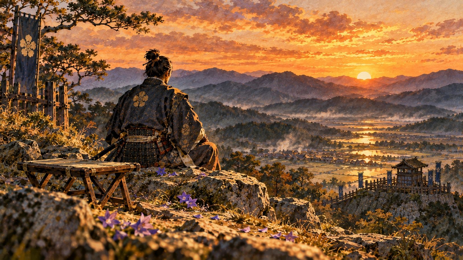 夕日の山城で遠くを見つめる羽田正親のイメージ（イラスト）