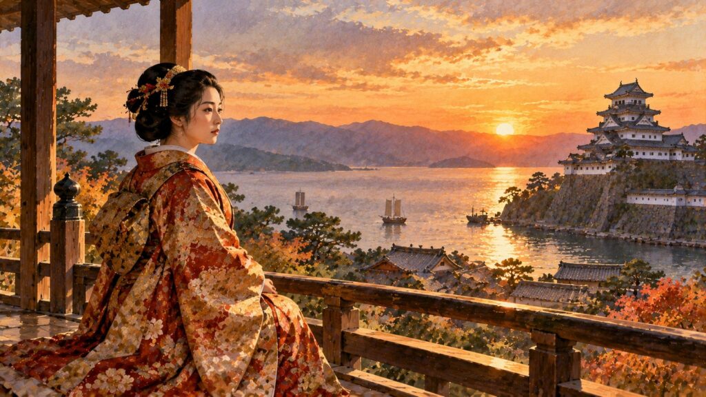 湖畔の城と夕日の湖を見つめる打掛姿の女性のイメージ（イラスト）