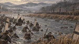 戸次川を渡る豊臣方と対岸で待ち構える島津勢のイメージイラスト
