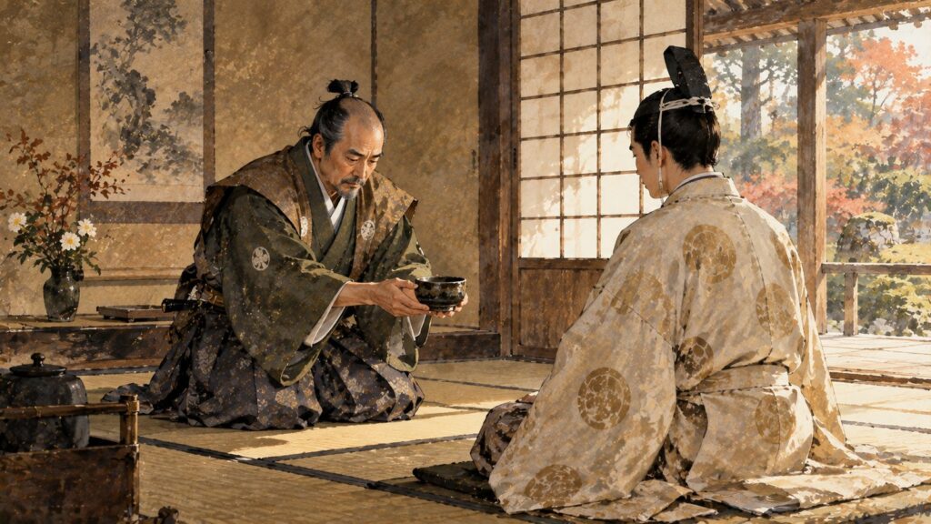 茶室で初老の武将が若い将軍に茶碗を差し出すイメージ(イラスト)
