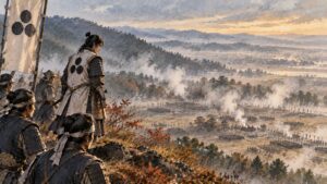 毛利家の旗が立つ山の上から、煙の上がる関ヶ原の戦場を見下ろす若い武将と家臣たちのイメージ（イラスト）