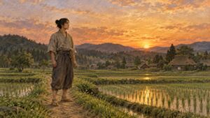 若き日の豊臣秀長のイメージイラスト：夕暮れの田のあぜ道に立つ若者