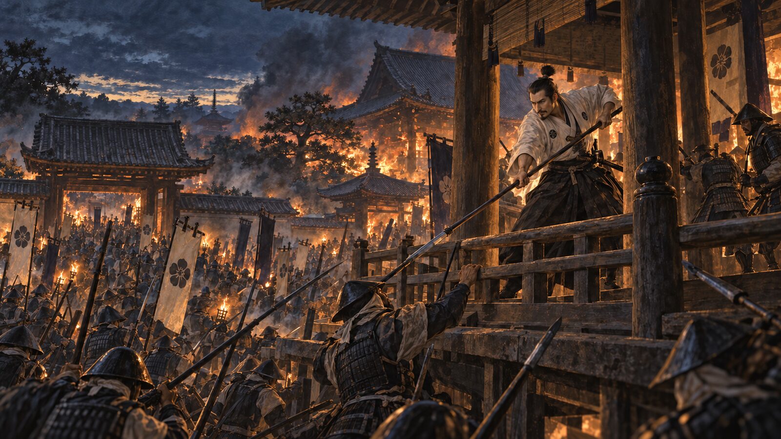 本能寺の変のイメージイラスト：燃える寺と、押し寄せる軍勢