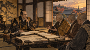 大和の寺社の僧たちと検地帳を前に向き合う豊臣秀長 イメージ（イラスト）