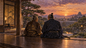 夕暮れの城の縁側で語り合う豊臣兄弟の後ろ姿 イメージ（イラスト）