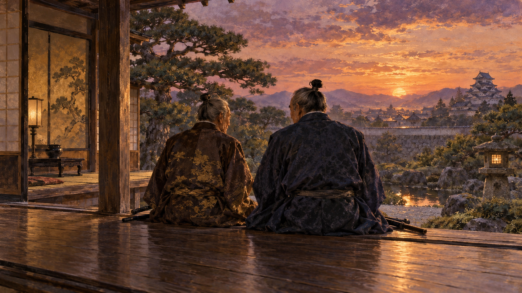 夕暮れの城の縁側で語り合う豊臣兄弟の後ろ姿 イメージ（イラスト）