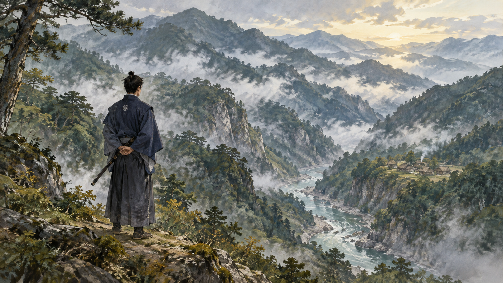 十津川の山深い渓谷を見下ろす若い大名の後ろ姿 イメージ（イラスト）
