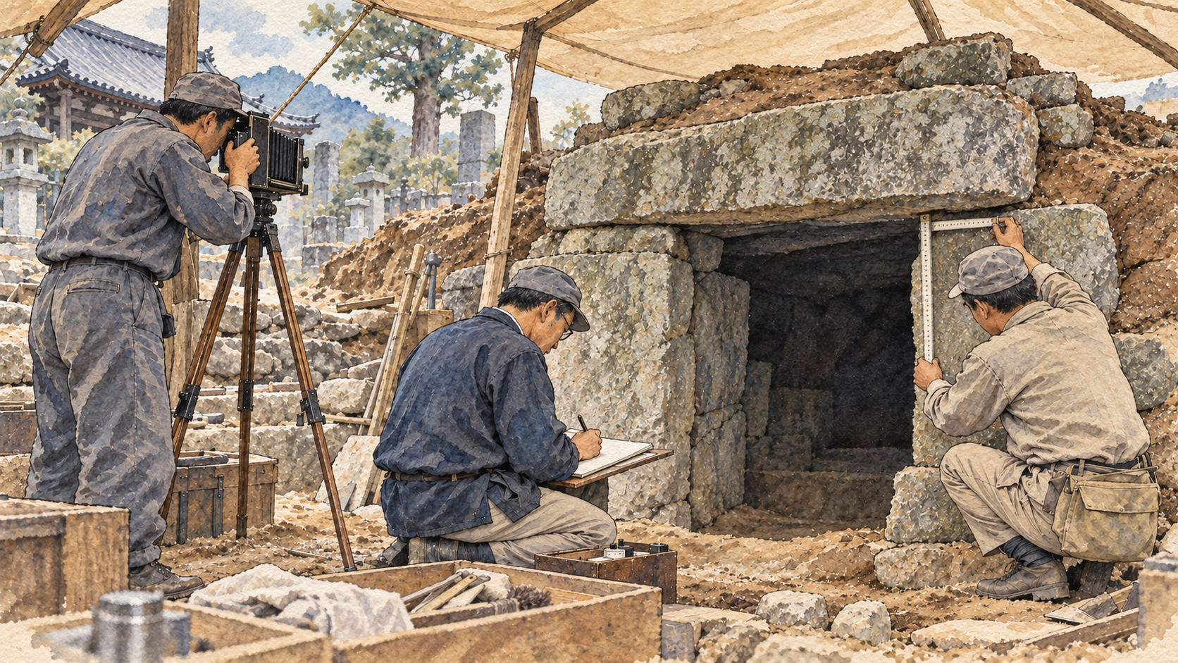 増上寺の将軍墓所を調べる調査員たちのイメージ(イラスト)