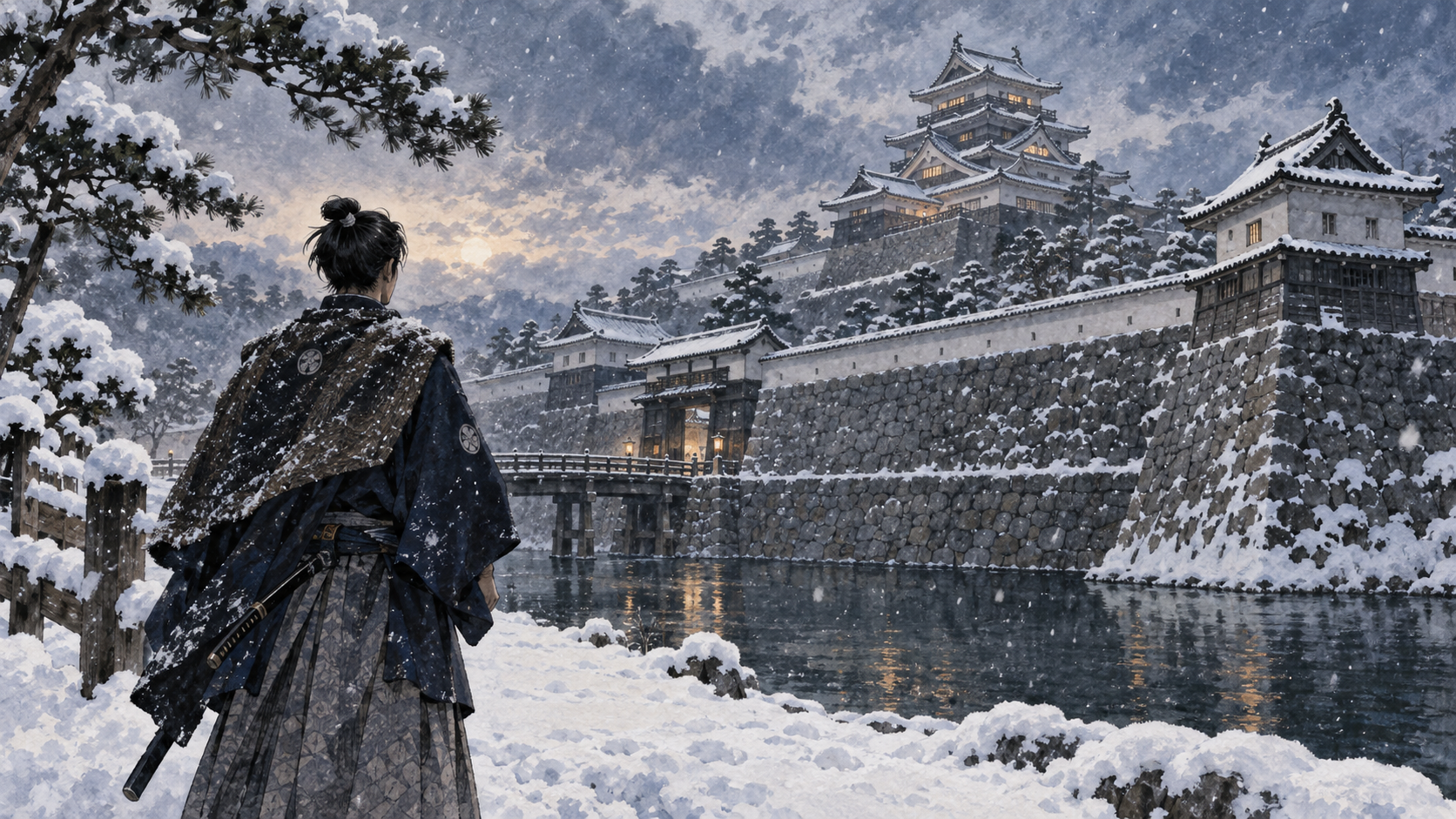 雪の福井城を見上げる若い武士の後ろ姿のイメージ（イラスト）