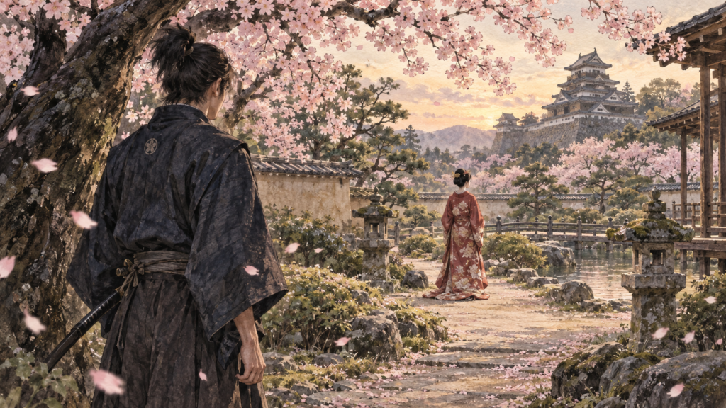 桜の庭で遠くのお市を見つめる若い武将の後ろ姿のイメージ（イラスト）