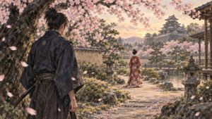 桜の庭で遠くのお市を見つめる若い武将の後ろ姿のイメージ（イラスト）