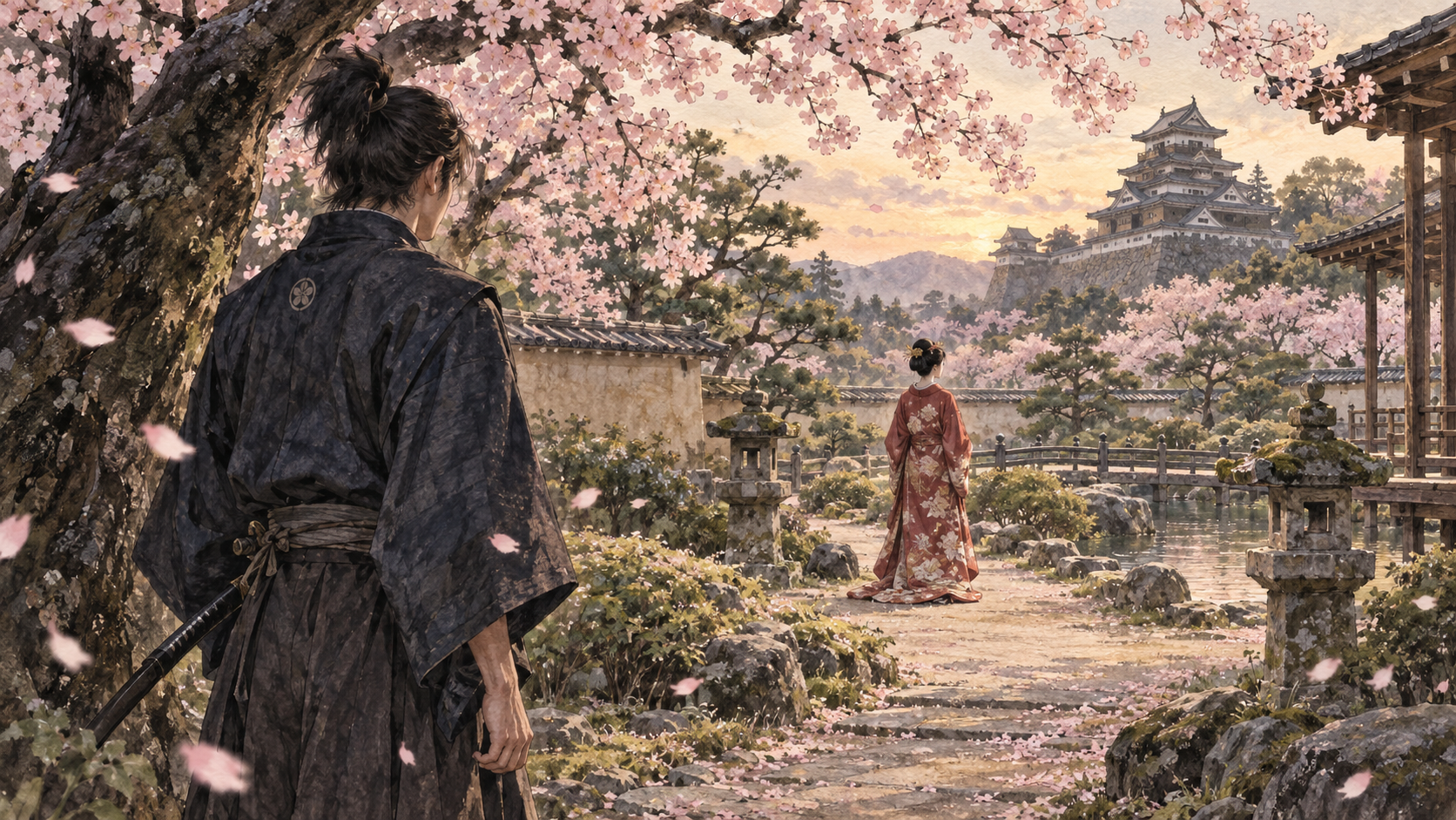 桜の庭で遠くのお市を見つめる若い武将の後ろ姿のイメージ（イラスト）