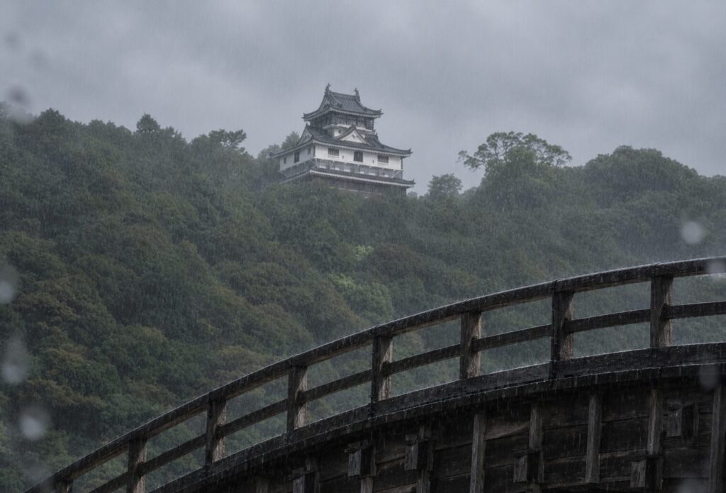 錦帯橋ごしに見上げた雨の岩国城天守