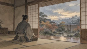 大和郡山の屋敷で謹慎し庭を見つめる加藤光泰のイメージ（イラスト）