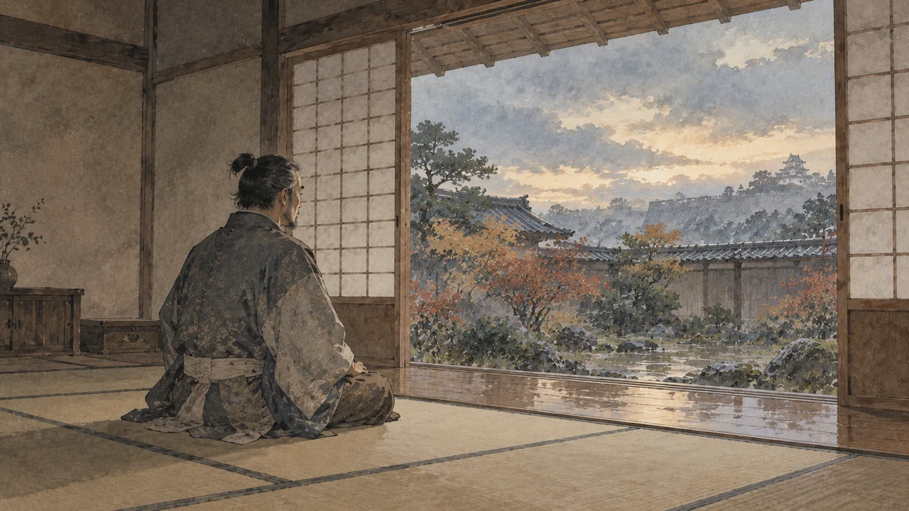 大和郡山の屋敷で謹慎し庭を見つめる加藤光泰のイメージ（イラスト）
