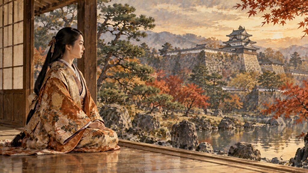 秋の城の屋敷の縁側に座り、庭と天守を見つめる秀長の妻・慶のイメージ（イラスト）