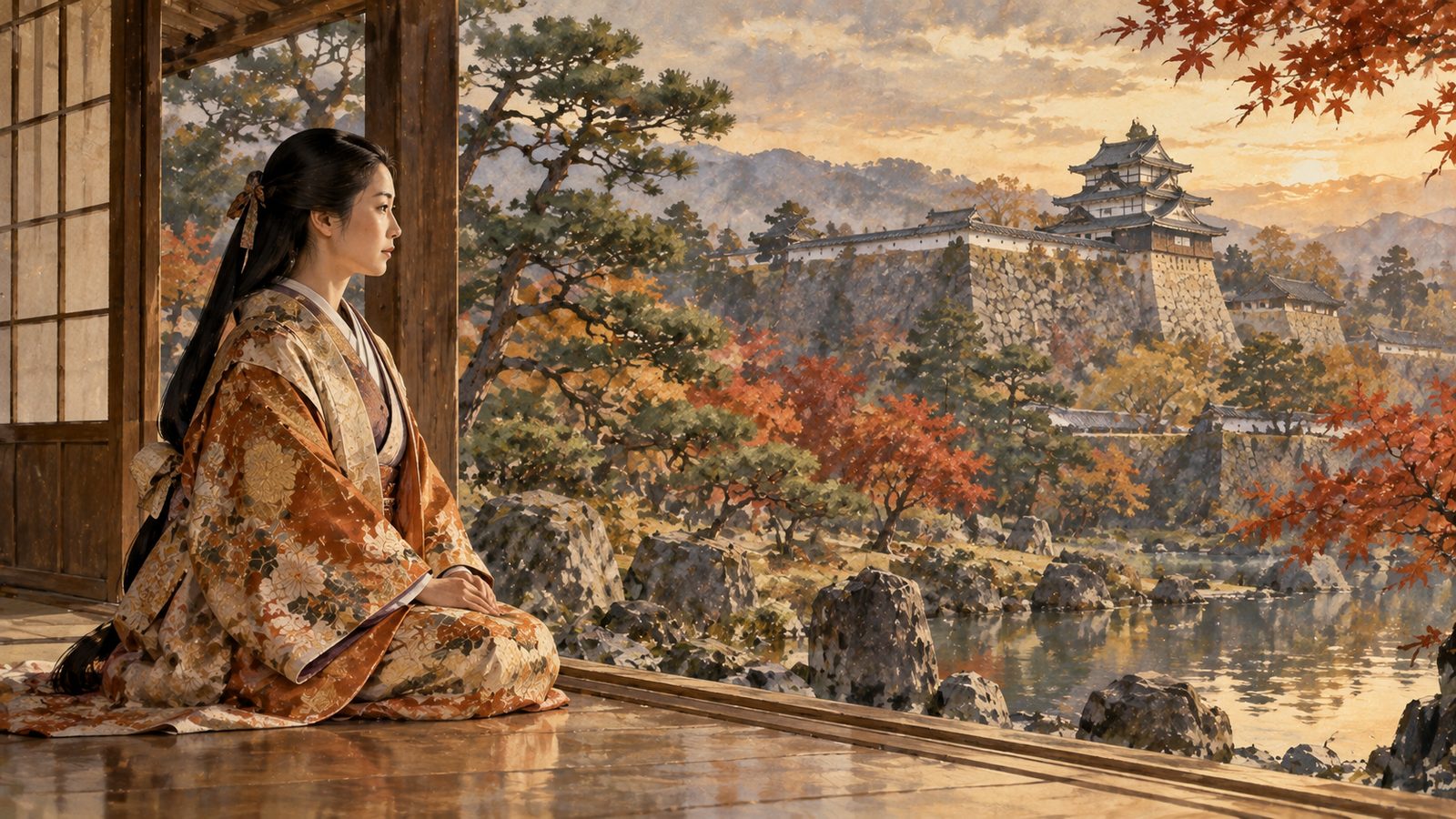 秋の城の屋敷の縁側に座り、庭と天守を見つめる秀長の妻・慶のイメージ(イラスト)