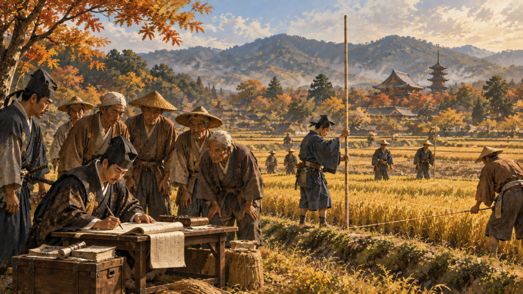 大和で検地を行う役人と庄屋のイメージ(イラスト)