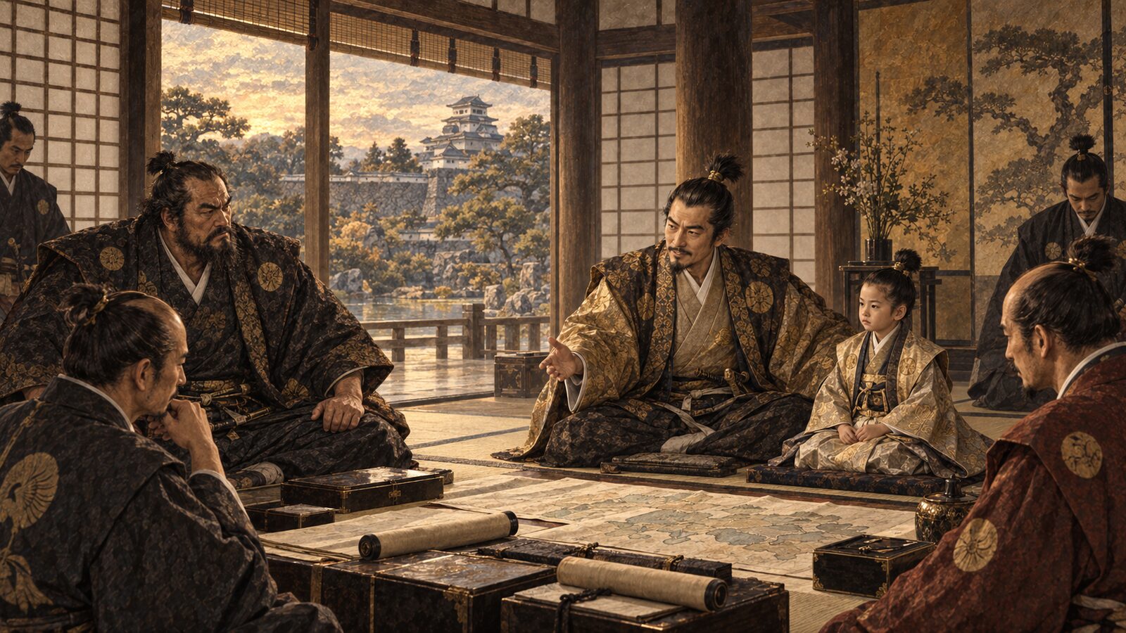 清須会議のイメージイラスト:織田家の後継をめぐって並ぶ重臣たち