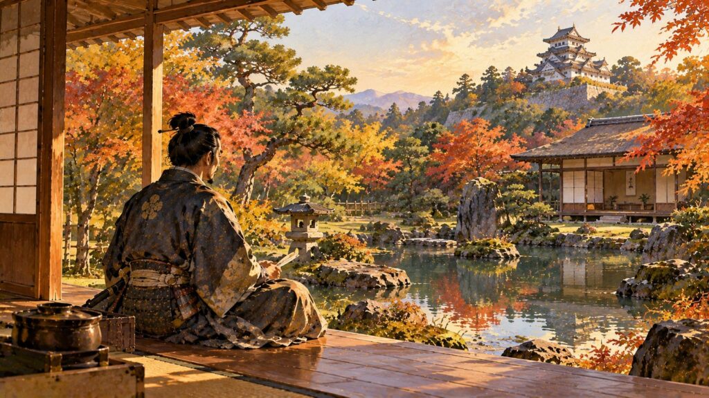 紅葉の庭園と茶室、遠くの天守を縁側から眺める武士のイメージ（イラスト）