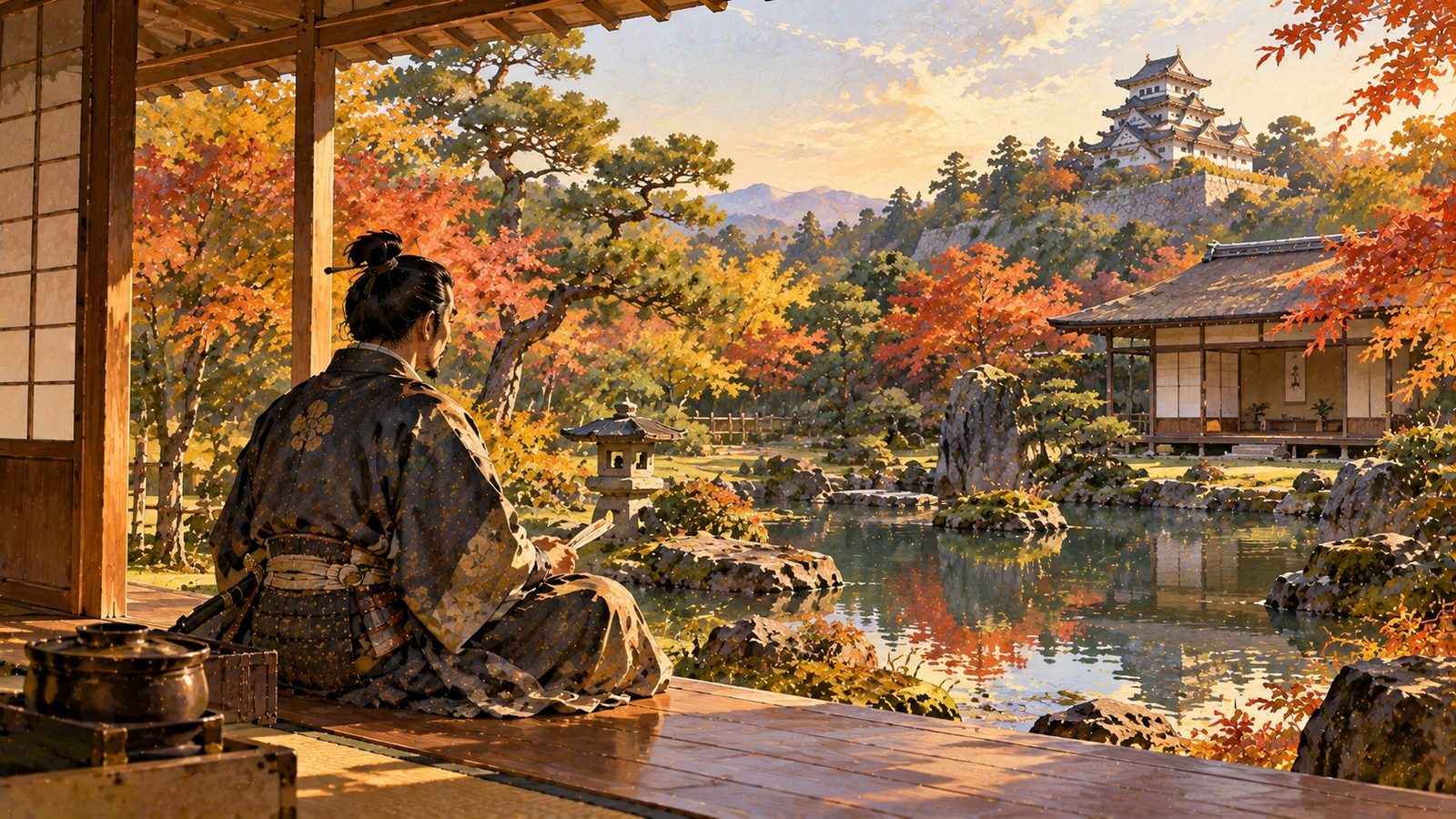 紅葉の庭園と茶室、遠くの天守を縁側から眺める武士のイメージ(イラスト)