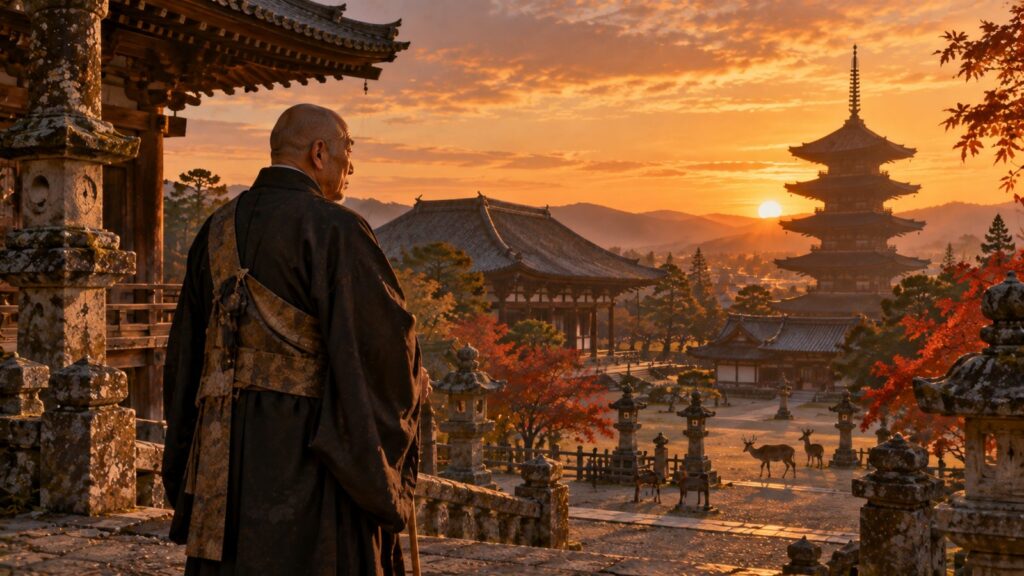夕日の興福寺を見わたす老僧の後ろ姿のイメージ（イラスト）
