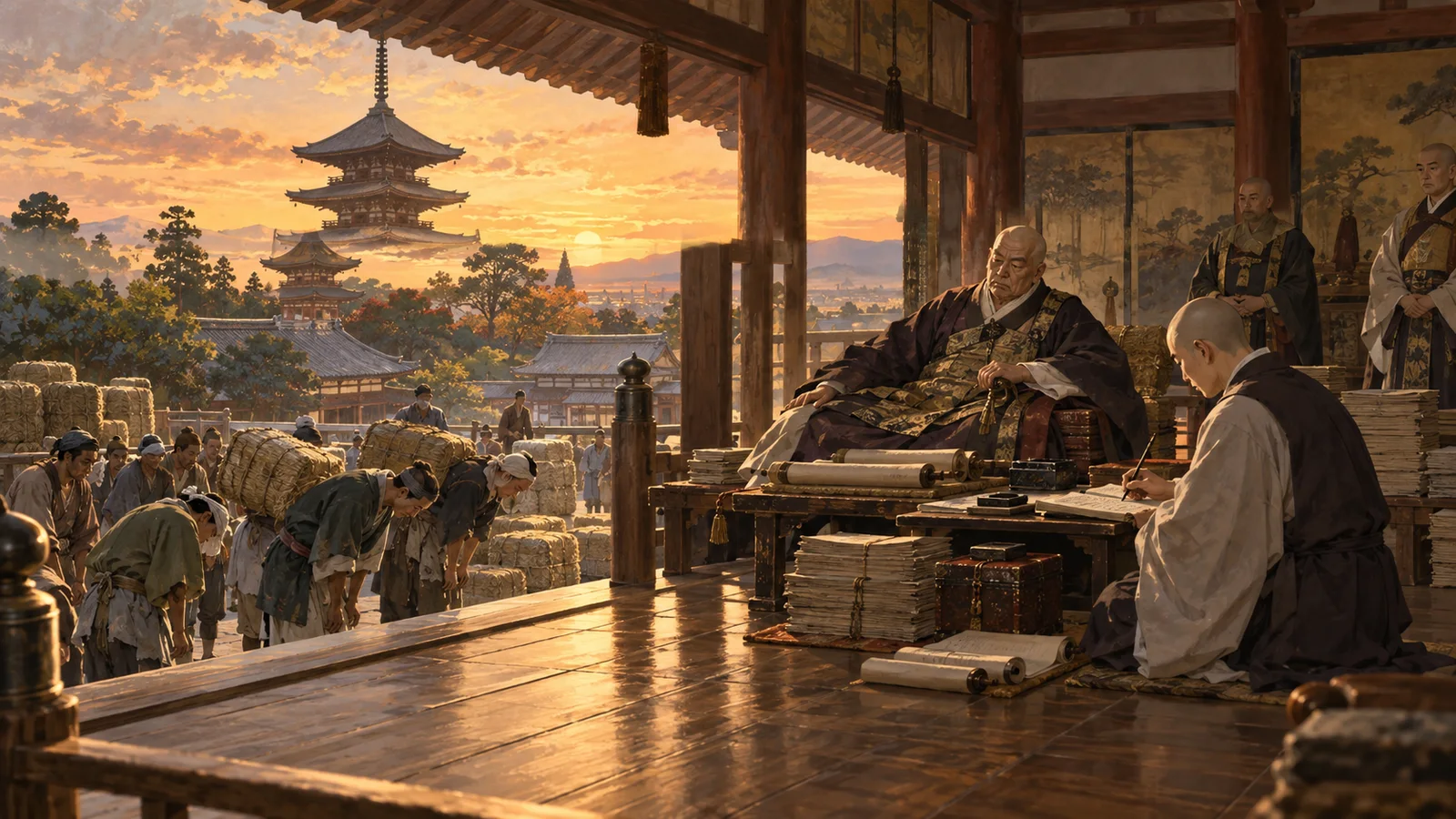 興福寺の別当の前に積まれた帳面と、米俵を運ぶ百姓たち(イメージイラスト)