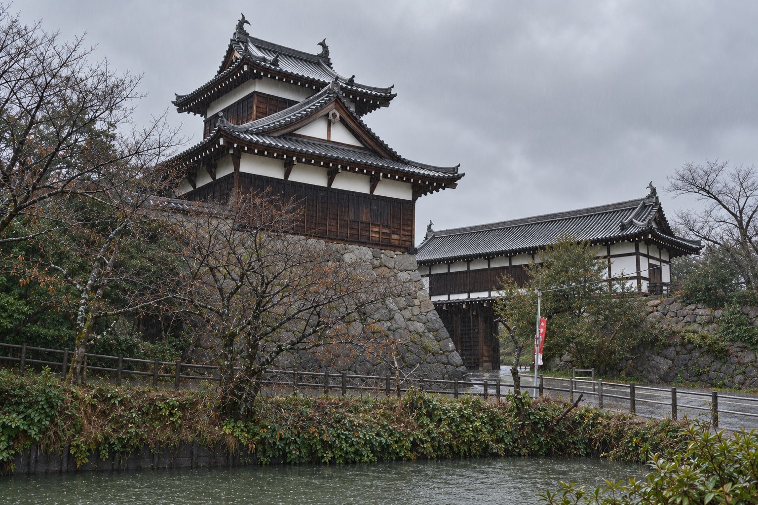石垣の上に建つ郡山城跡の復元櫓と多聞櫓