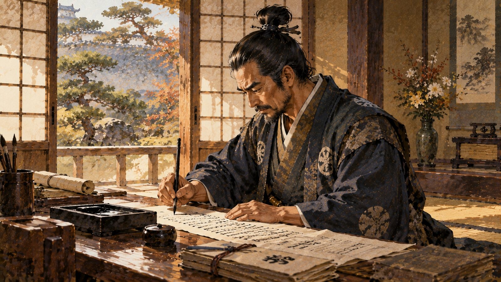 文机に向かい書状をしたためる長宗我部元親のイメージイラスト