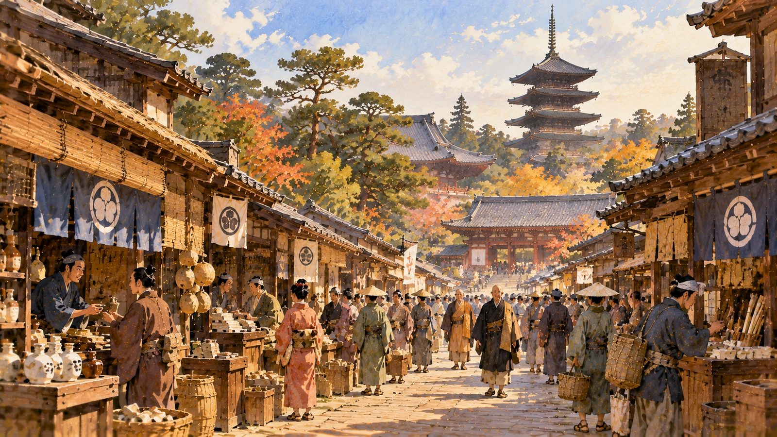 奈良の門前町に並ぶ座の商人の店のイメージ（イラスト）