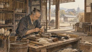 奈良の筆屋の工房で、獣毛をさばいて筆の穂を整える職人の手元のイメージ（イラスト）