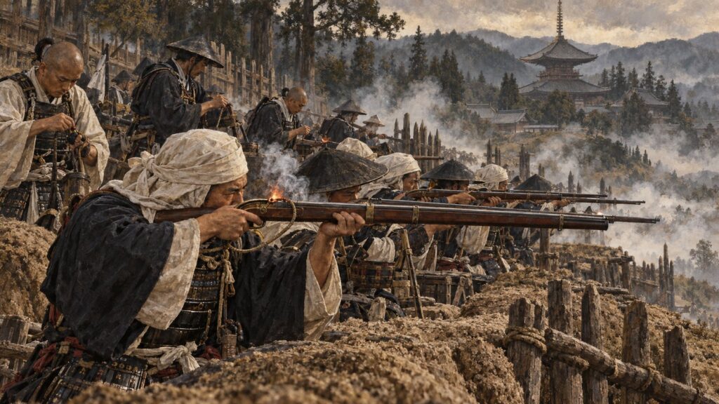 根来寺を背に、柵の内側から火縄銃を構える根来衆の鉄砲隊（イメージイラスト）