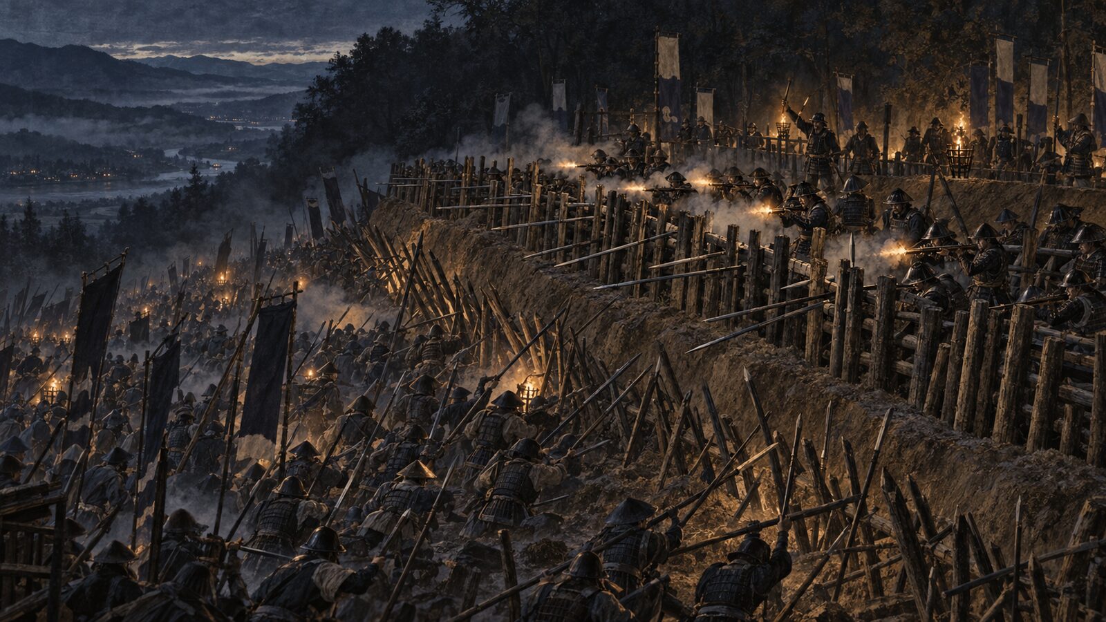 根白坂の戦いのイメージイラスト:島津軍の夜襲を、空堀と板塀と鉄砲で受け止める豊臣方の砦