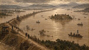 紀州太田城の水攻めのイメージイラスト：水に囲まれた城と、地平線まで延びる堤