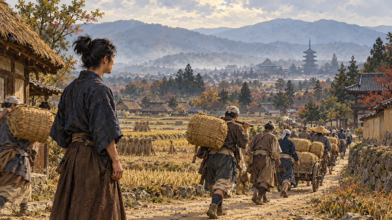 年貢の俵を運ぶ大和の村人と、遠くに見える興福寺の五重塔（イメージ）